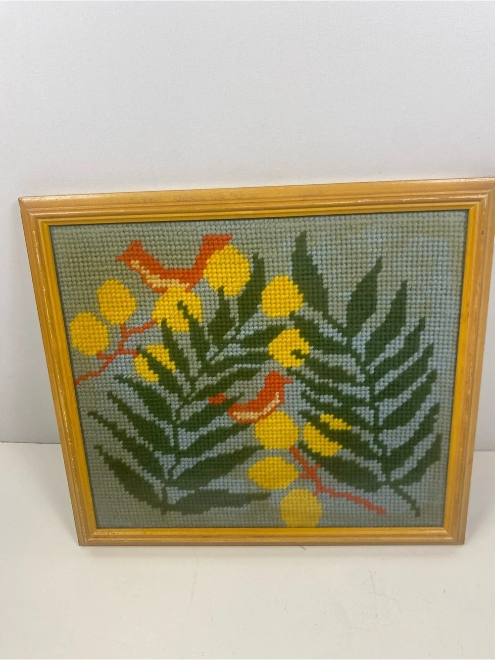 Vintage Framed Yellow, Orange & Green Floral Needlepoint 16.5”x18”